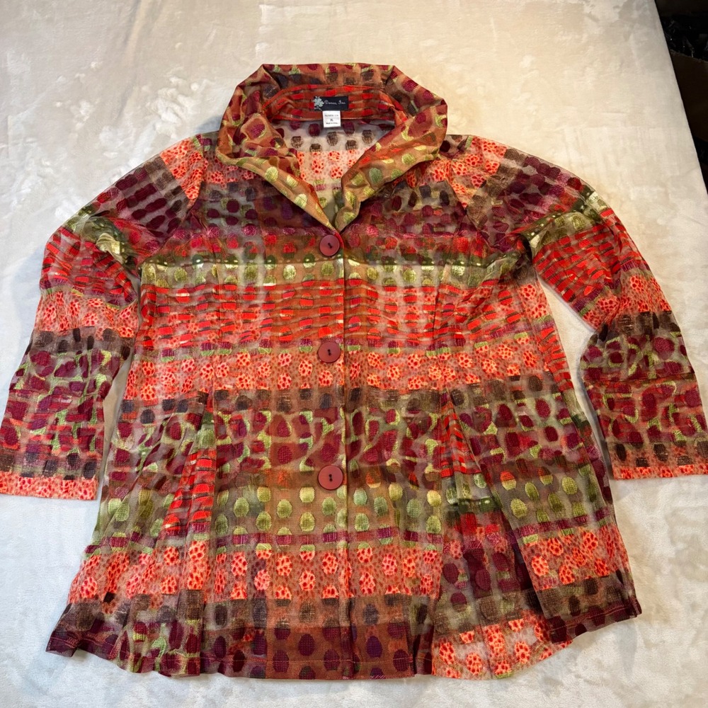 Damee Inc Womens XL Mesh Abstract Burnout Button Front Jacket Multi-Color Sheer